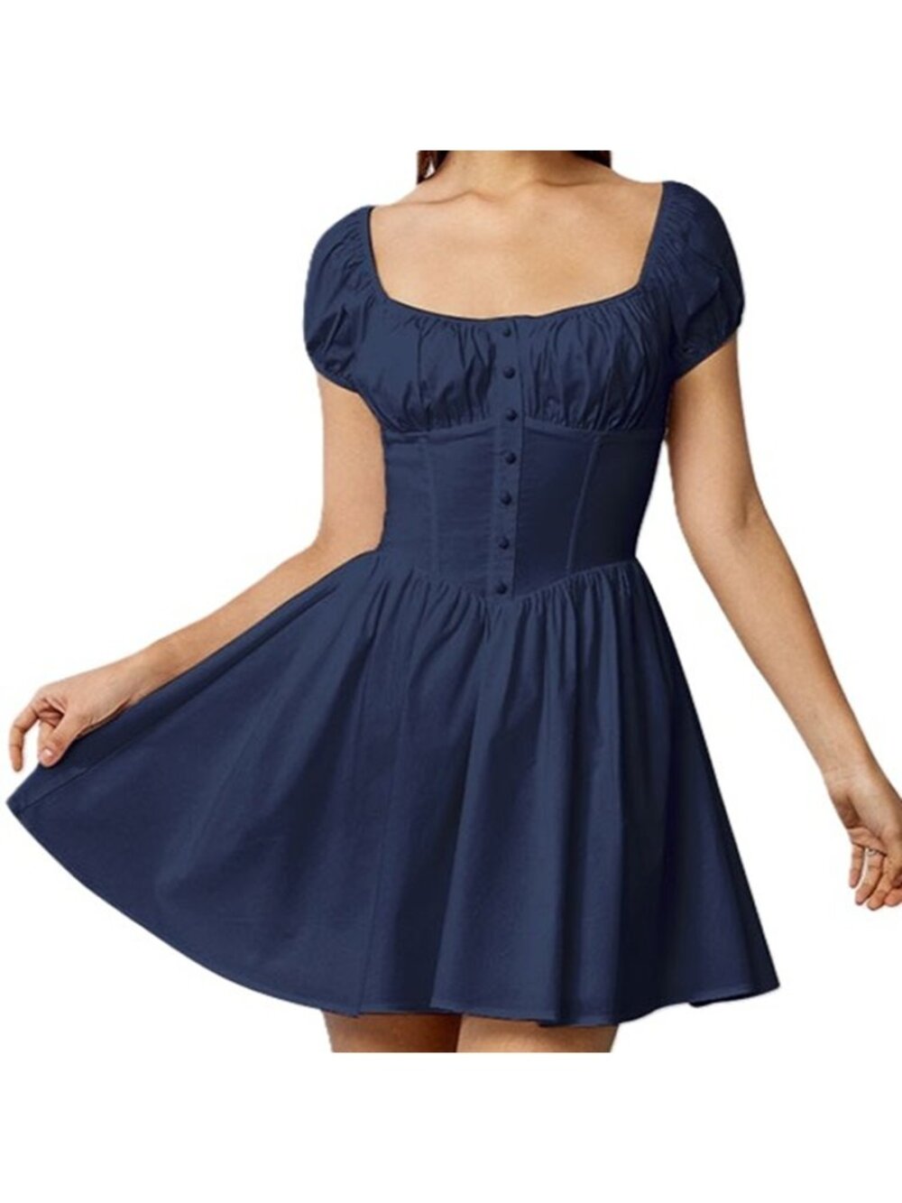 Women's Summer Square Neck Corset Casual A Line Dress SS Mini Ruffle Navy XS